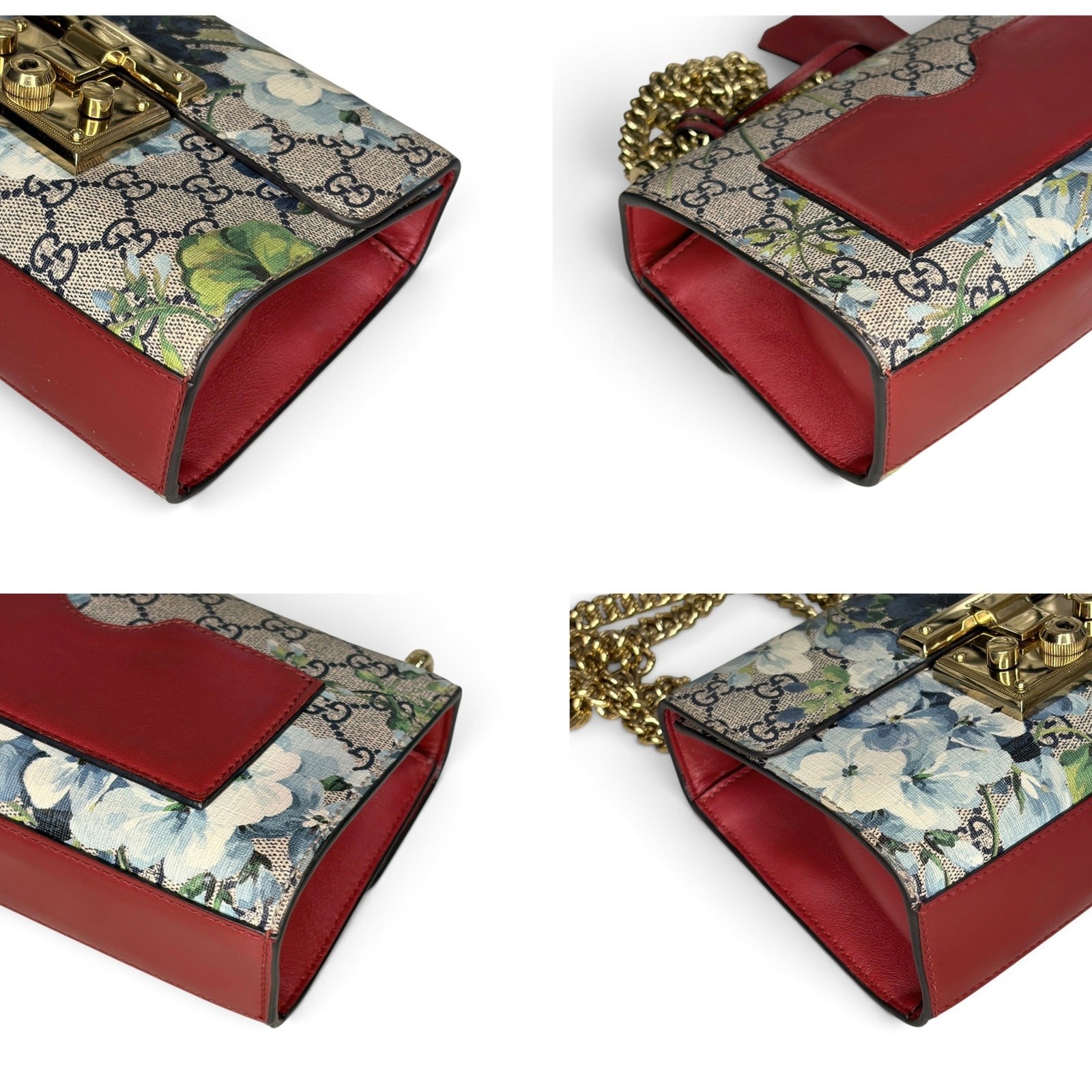 Gucci Small Padlock GG Blooms Shoulder Bag Blue Floral Red Leather Gold Chain