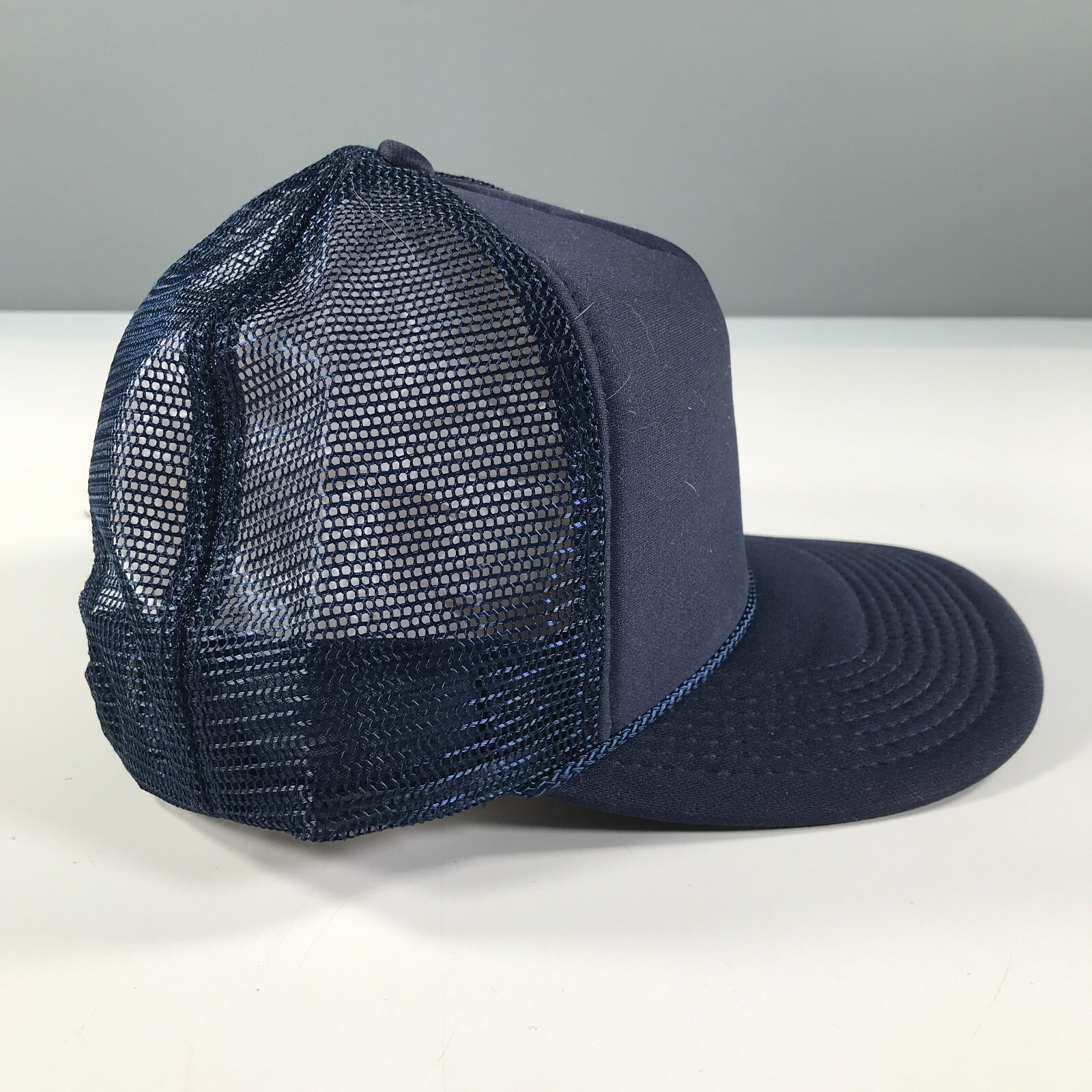 Vintage Navy Blue Trucker Hat Mesh Dome Foam Front Blank Rope Accent Headfirst