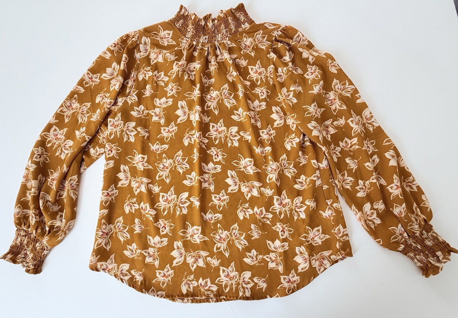 Pleione Floral Blouse Medium Rust Orange Smocked Neck Long Sleeve NWT