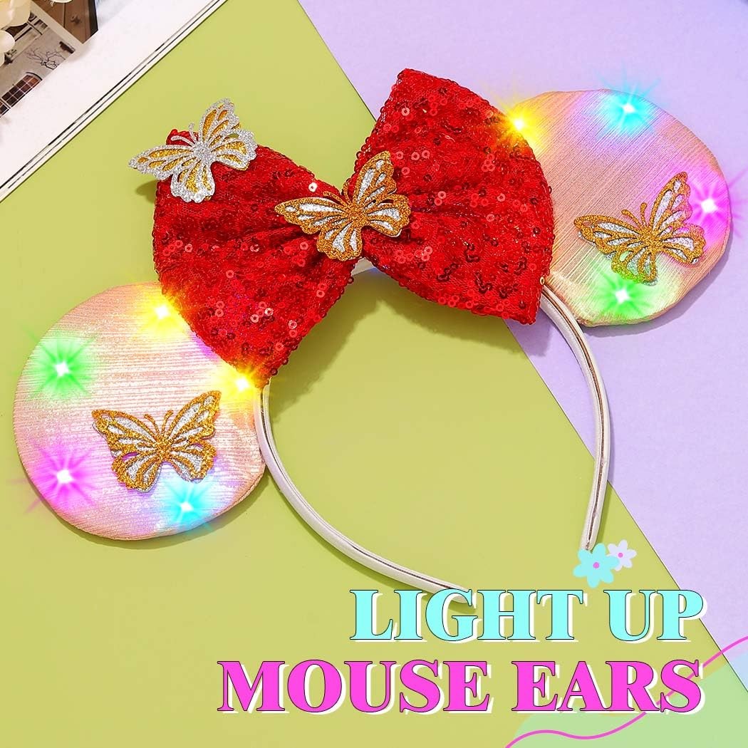 JAKAWIN Light Up Mouse Ears Headband Glowing Bow 11*9.1IN, 5 Red