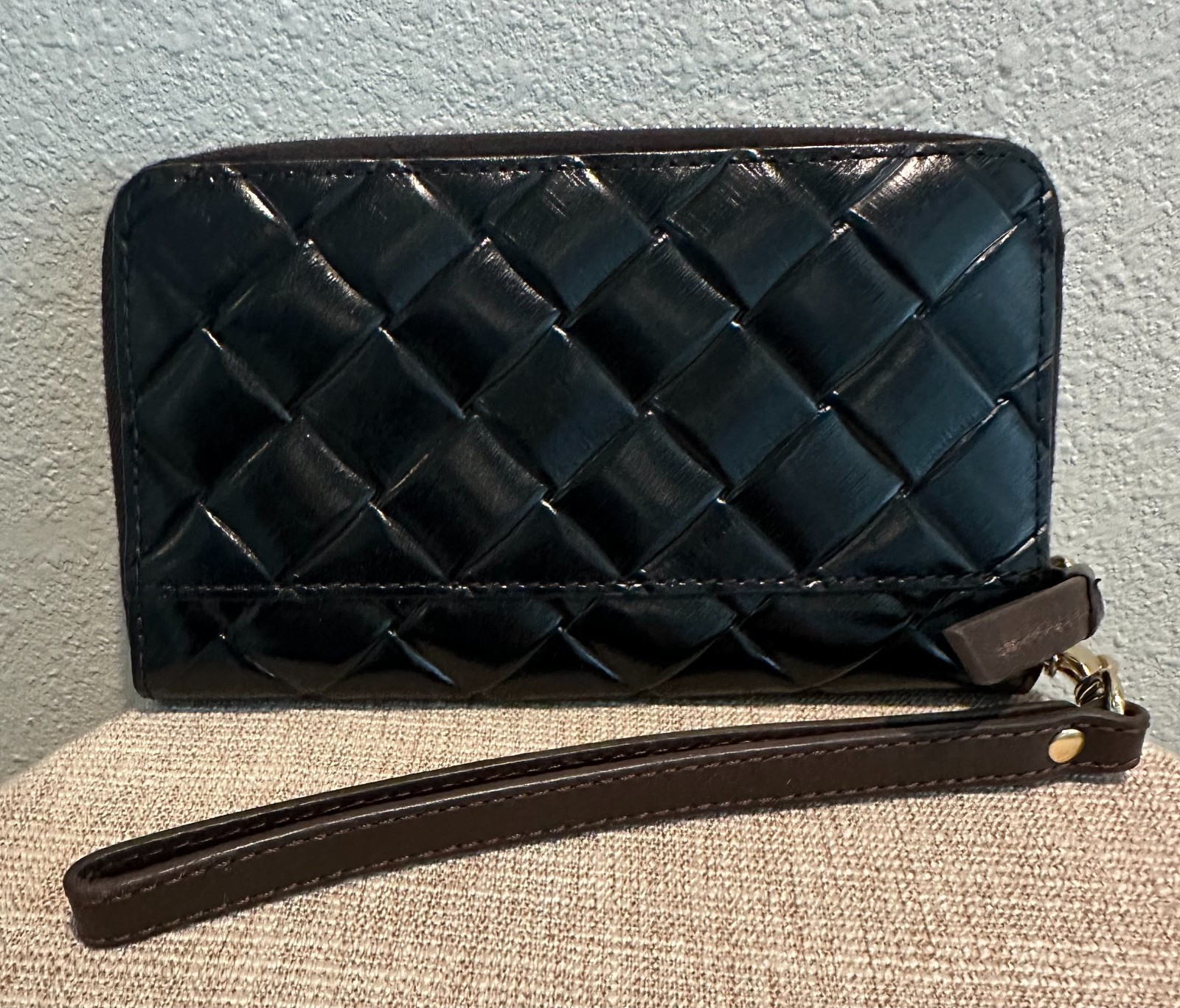 Dooney & Bourke Claremont Black Woven Leather Large Zip Around Wallet Wristlet