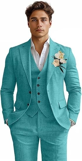 Linen Mens Suits 3 Piece Slim Fit Tuxedo Suit for Men Beach Wedding Formal Coat