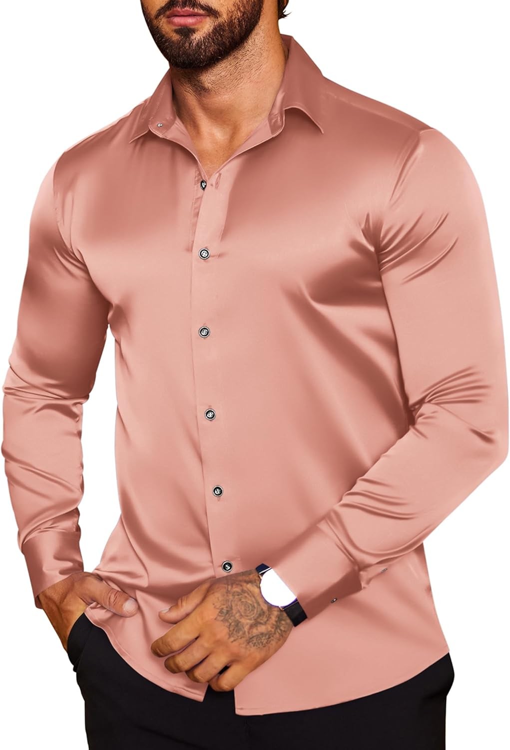 COOFANDY Men’s Silk Satin Dress Shirts Jacquard Long Sleeve Floral Button Up …