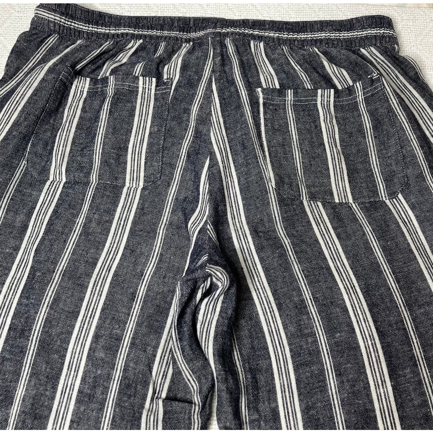 Old Navy Pants Womens Blue Stripe SZ XL Linen Blend Elastic & Tie Waist, Beachy