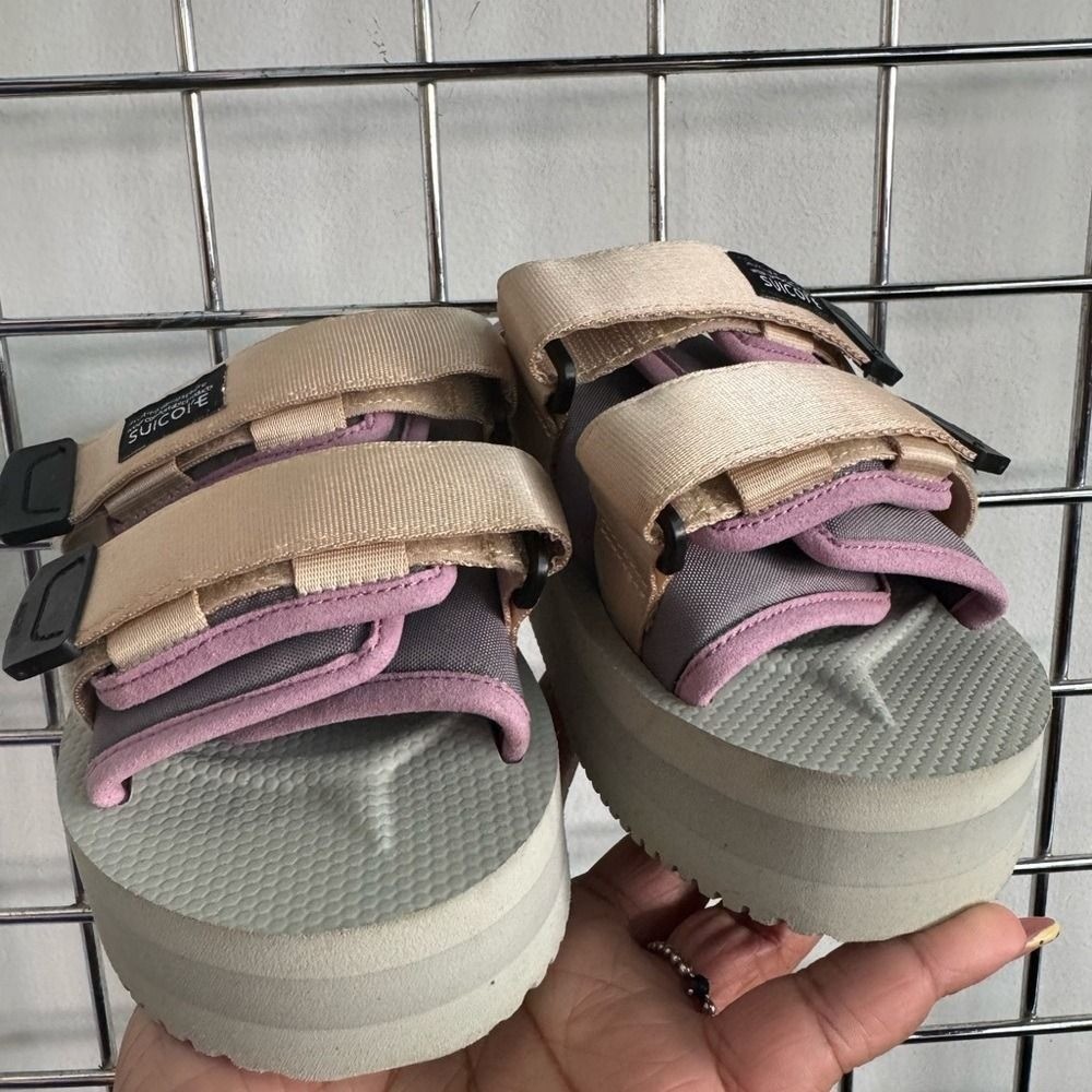 Suicoke MOTO-VPO Platform Sandals Beige Purple Womens Size 7 Vibram Sole