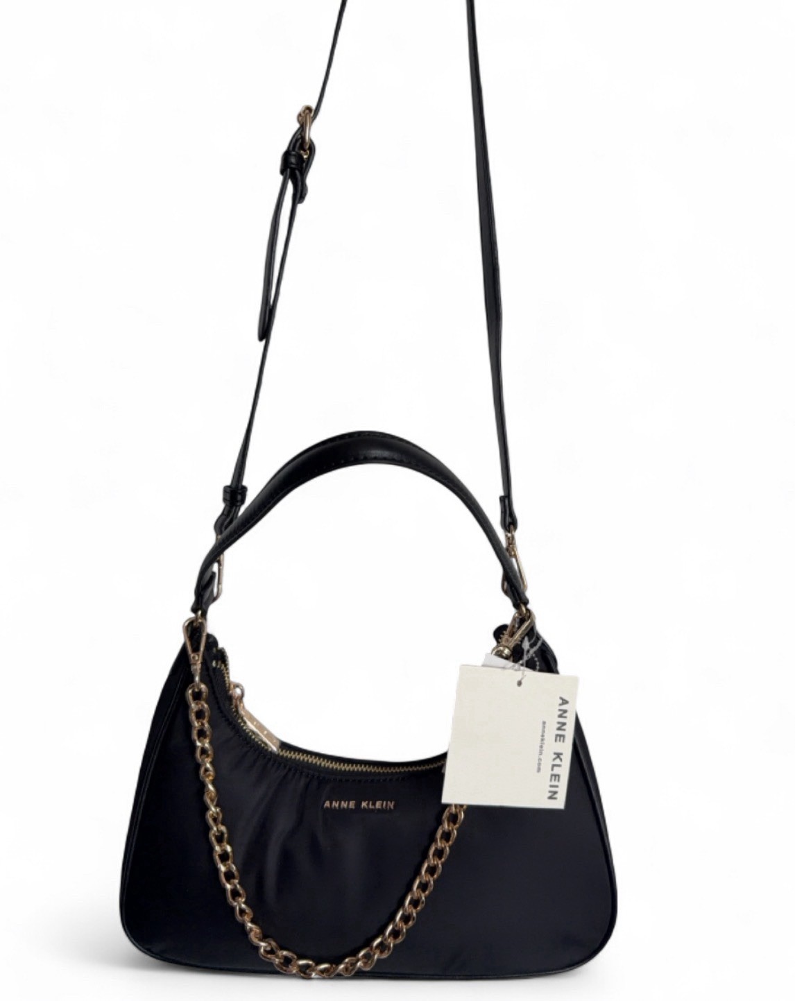 NWT Anne Klein Black Convertible Shoulder Crossbody Bag Gold Chain Strap