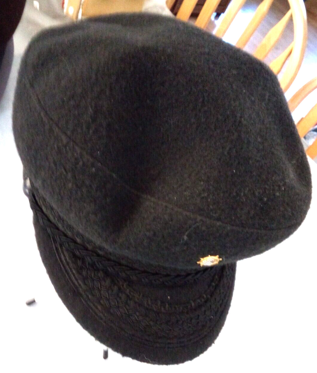 Greek FISHERMAN’S CAP BLACK Wool LARGE Braid Trim Button Lined w pin Free Ship