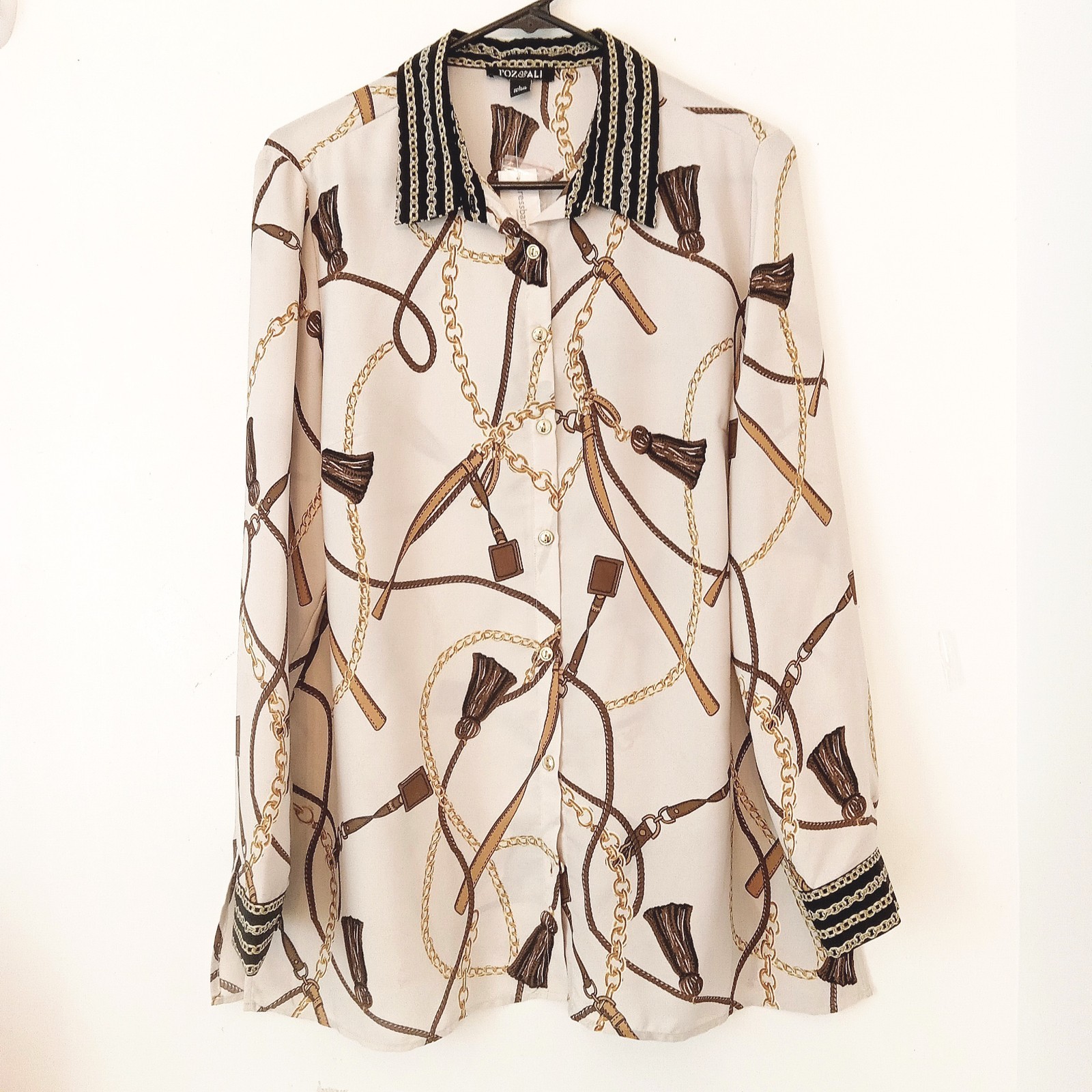 DRESSBARN NWT EQUESTRIAN / CHAIN PRINT BUTTON FRONT TUNIC BLOUSE-SIZE LG
