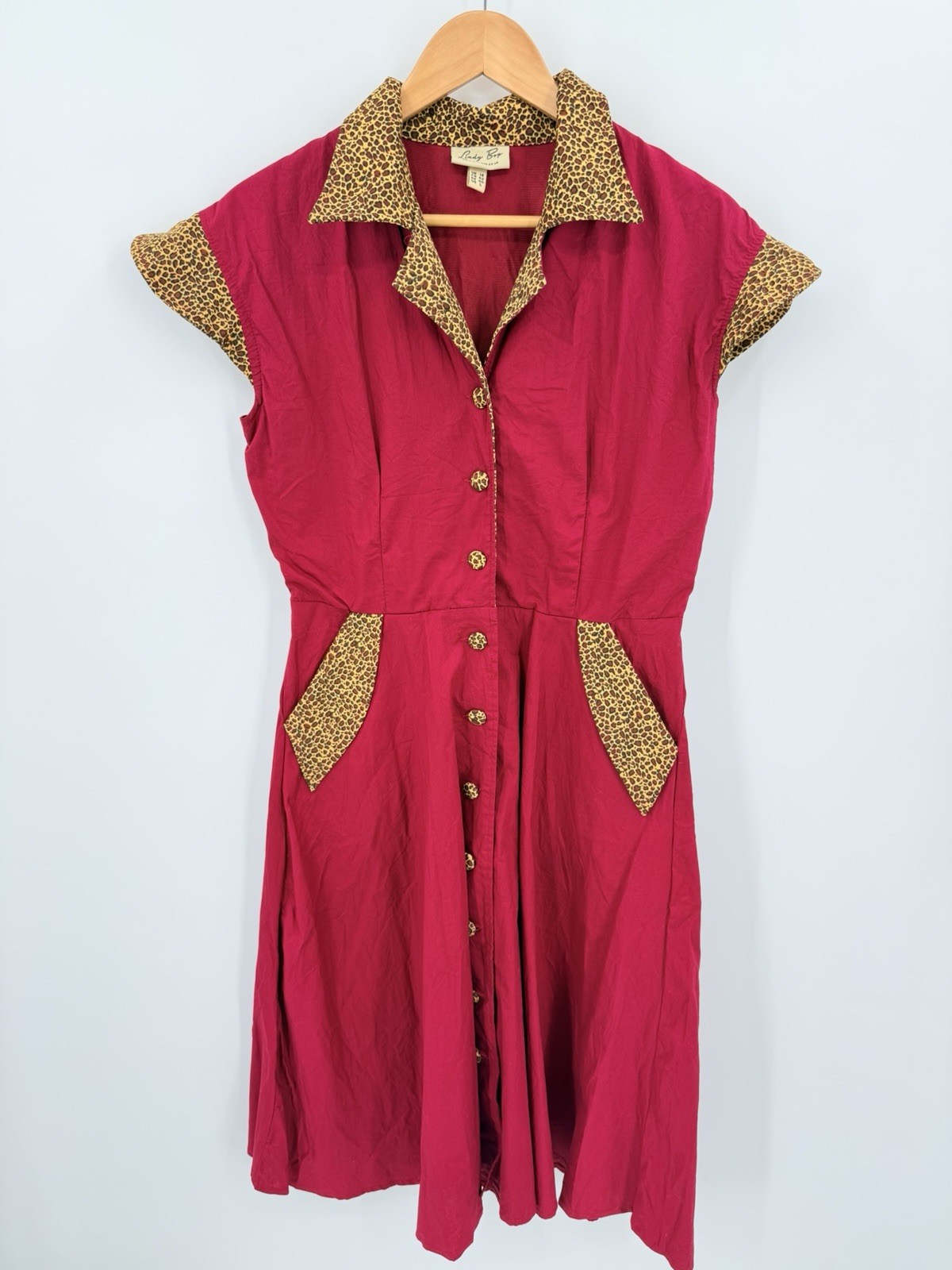 Lindy Bop Sz L Red Swing Dress Leopard Accents Cap Sleeve Retro 50s Rockabilly
