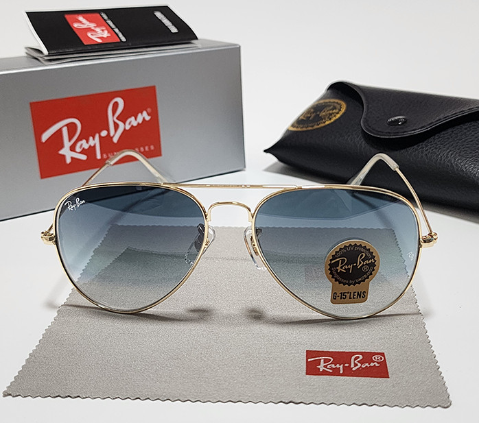 Ray-Ban RB3025 Aviator Pilot Sunglasses Gold Frame Glass Gradient Blue Lens 58mm