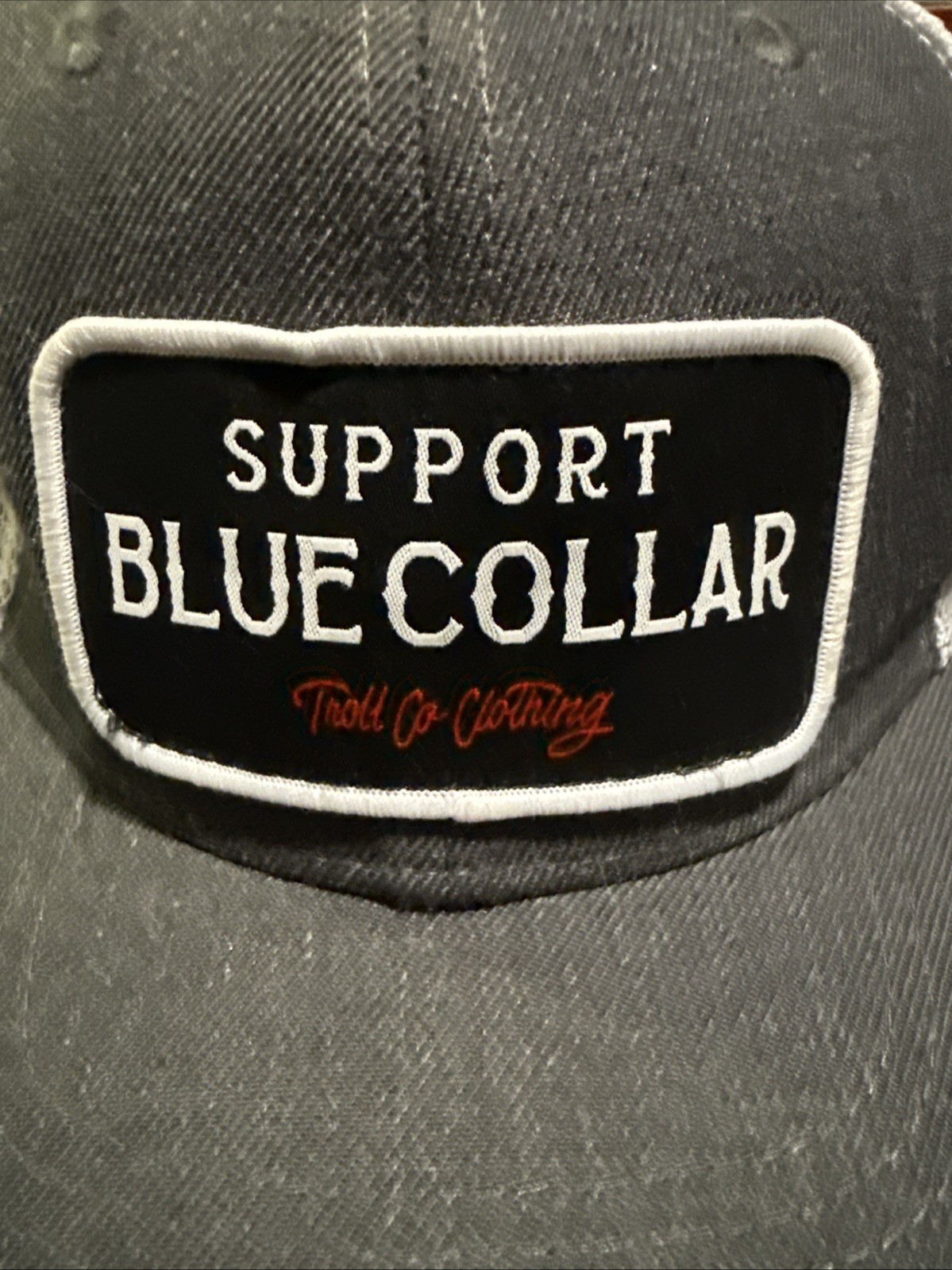 SUPPORT BLUE COLLAR. TROLL CO.CLOTHING SNAPBACK TRUCKER HAT BLk/gry