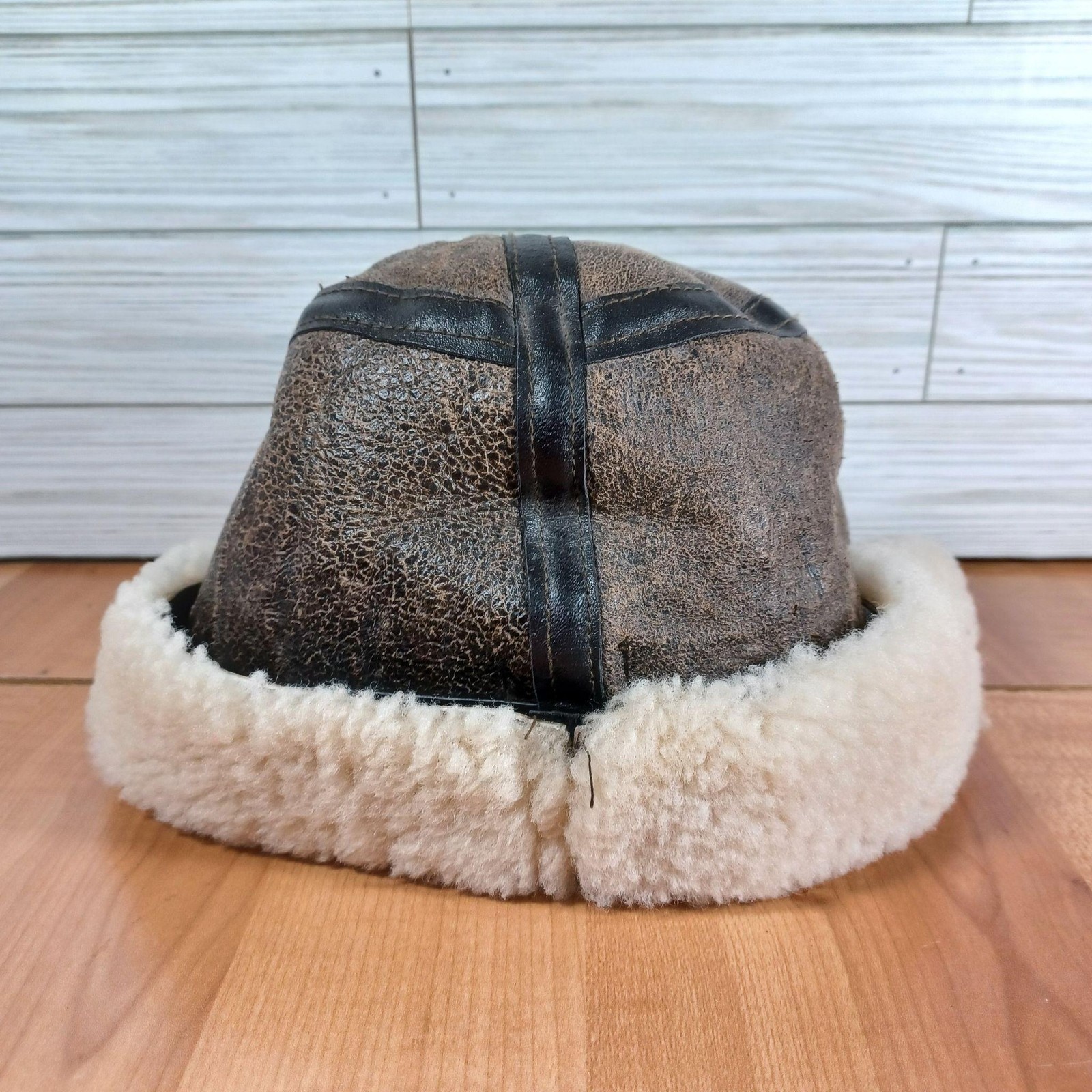 Vtg Avirex Bomber Hat Cap Mens M Brown Leather Shearling Lined Ear Flap Made USA