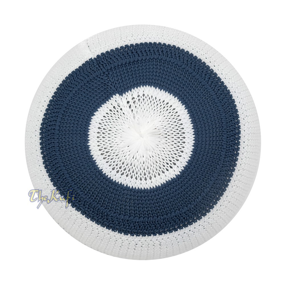 100% Nylon Muslim Kufi Skull Cap – White and Navy Blue with Gray Stripes Hat
