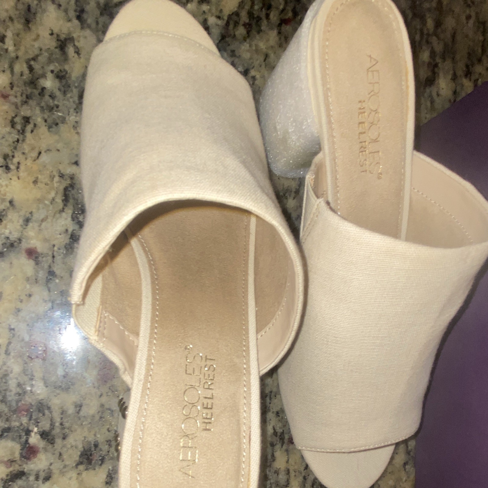 Aerosoles Beige Linen Blend Studded Mule Heels Slip-On Open Toe 8 M