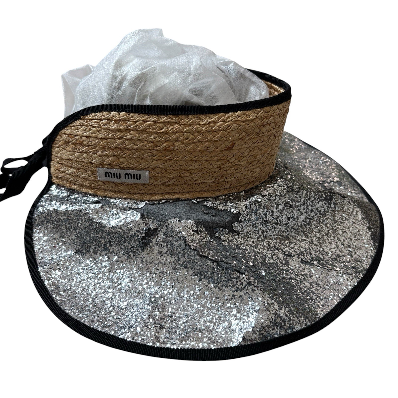 Miu Miu Glitter Sun Visor Hat Silver Black Straw Vintage Archive Italy Y2K S