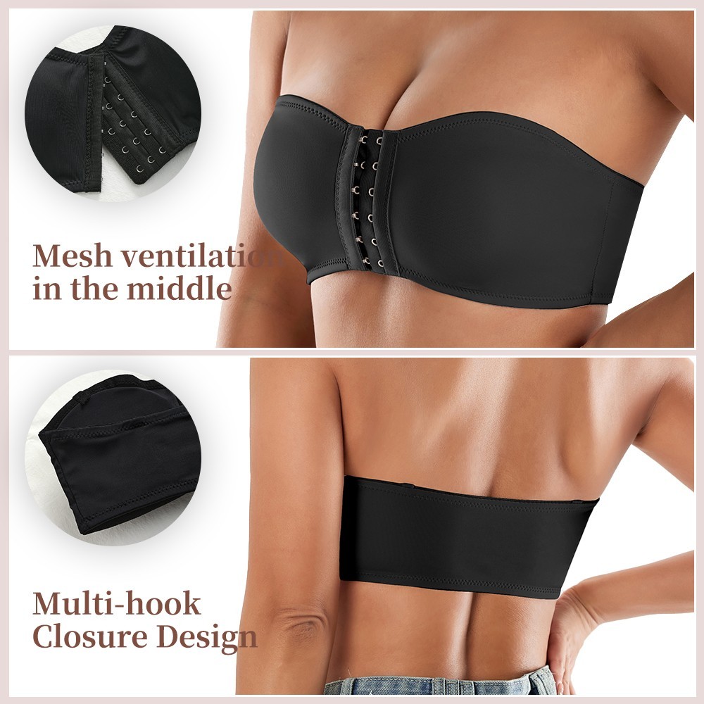 3 Pack Strapless Front Hook Bra Wireless Anti Slip Removable Pads Bandeau Bra