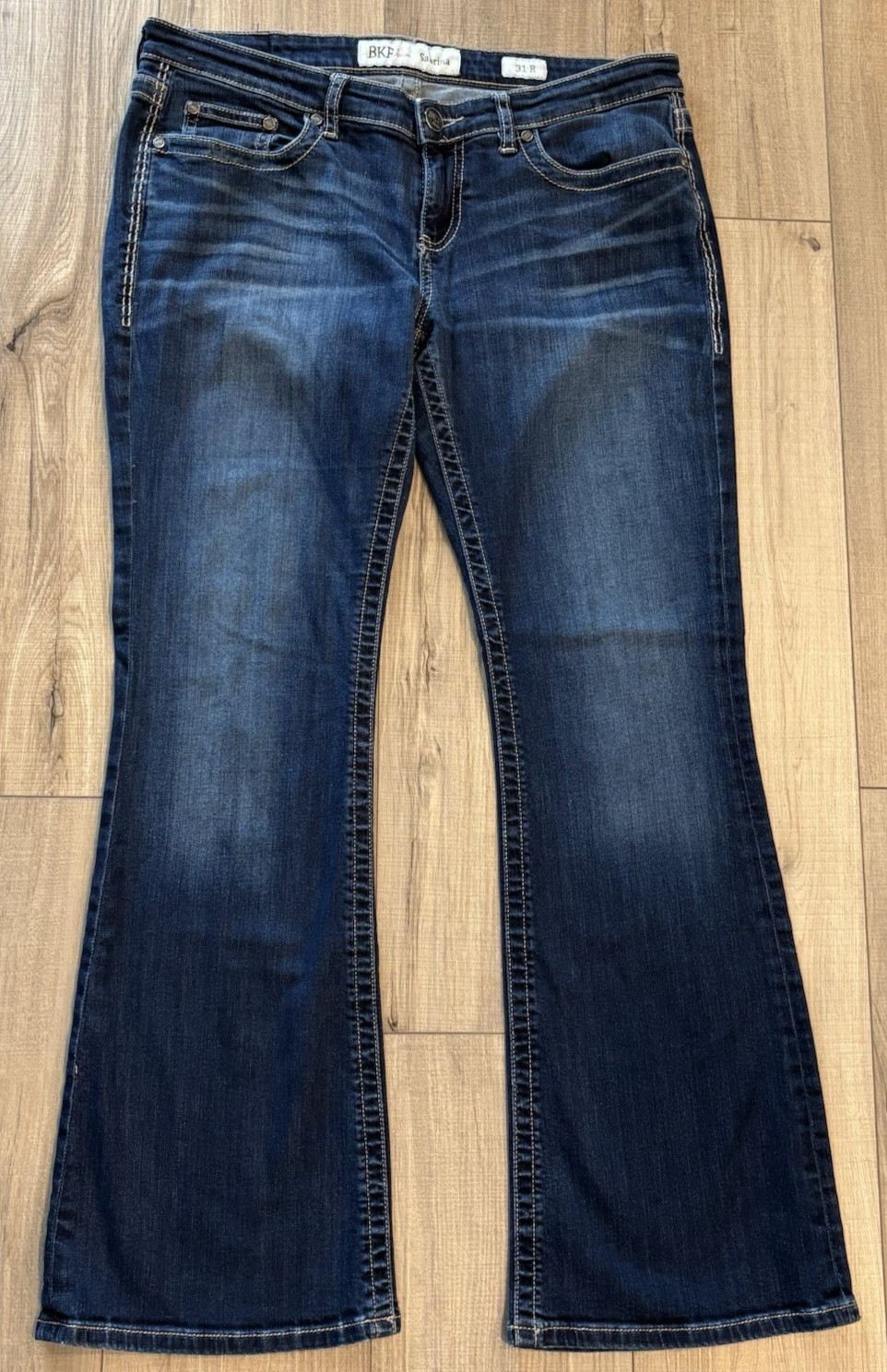 BKE Buckle Women Jeans Sabrina Size 31 Blue Bootcut Distressed Mid Rise