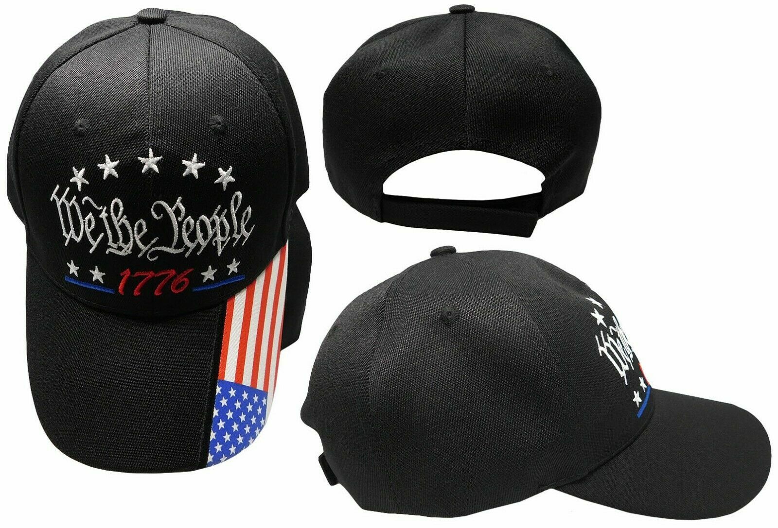We The People 1776 Black USA Flag On Bill Adjustable Embroidered Cap Hat