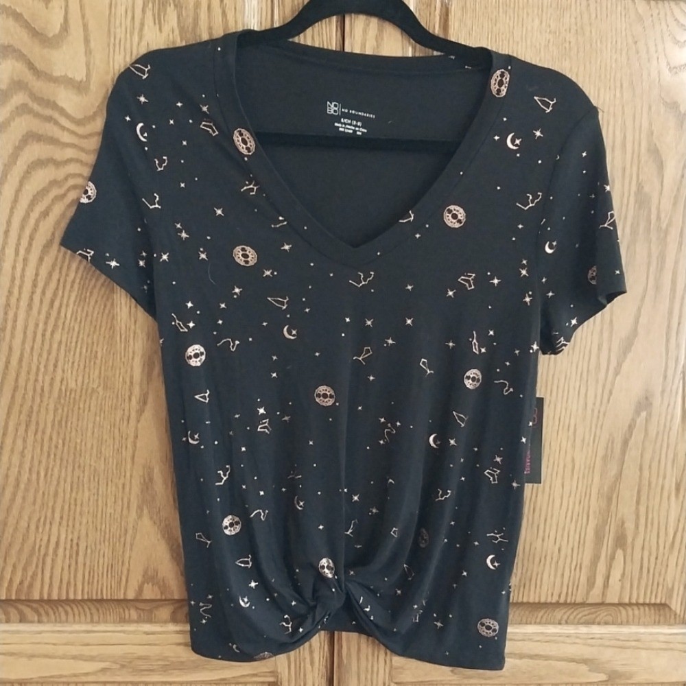 No Boundaries NWT Celestial T-Shirt Top Knotted Tie Size Small Black Copper