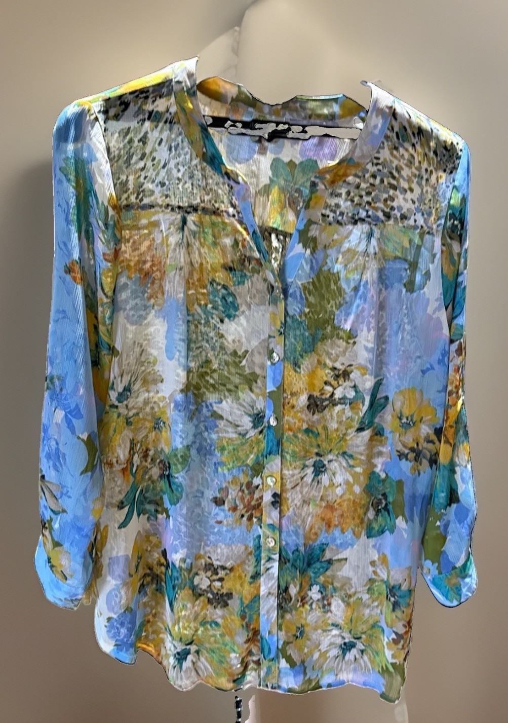 Fig and Flower Floral Print Sheer Blouse Roll Tab Sleeve Shell Buttons 2X