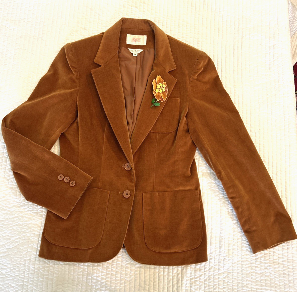 Vintage 80’s Velour Womens Jacket Size 7/8 Floral Broach Tailored Japan