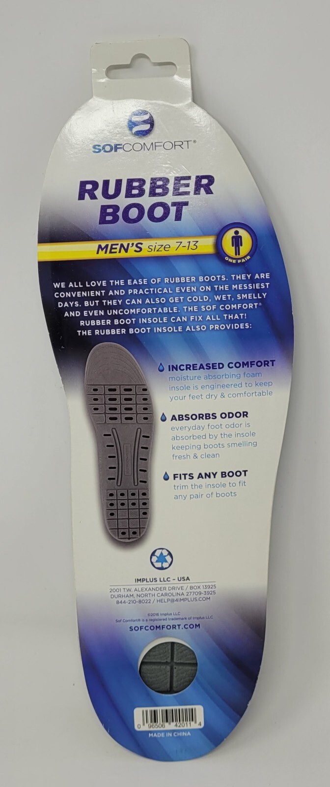 SOFCOMFORT ** RUBBER BOOT INSOLE ** MEN SIZE: 7-13 ” 1 PAIR “
