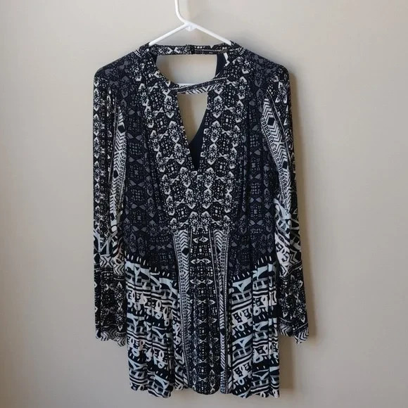 Free People Tegan Border Print Boho Short Dress Tunic Black/Gray Size 4