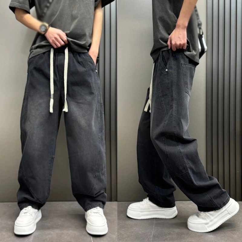 Classic Mens Denim Drawstring Jeans Retro Loose Pants Fashion Casual Pants
