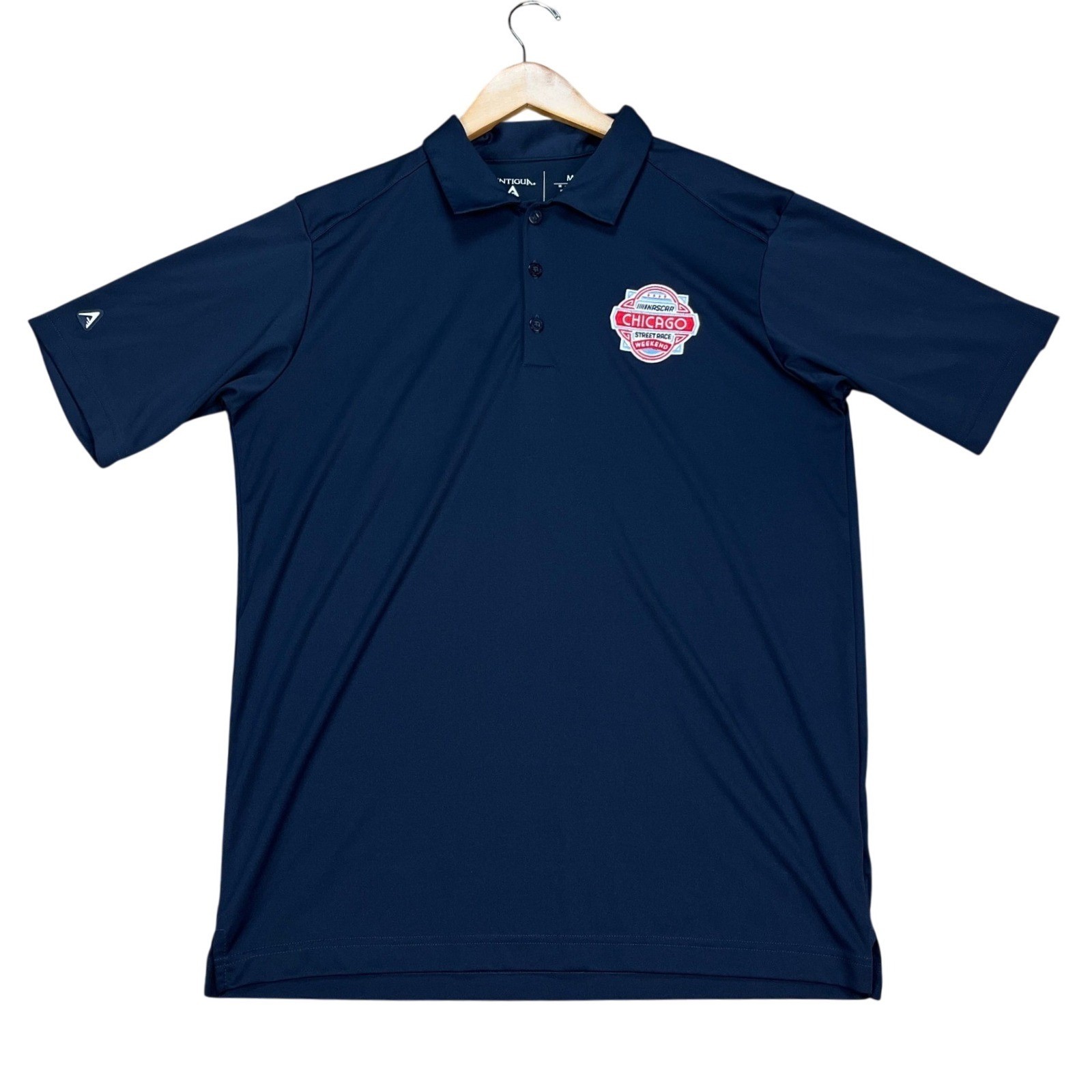 Antigua Polo Shirt Men Medium Navy Blue Short Sleeve 3 Button Placket NASCAR EUC