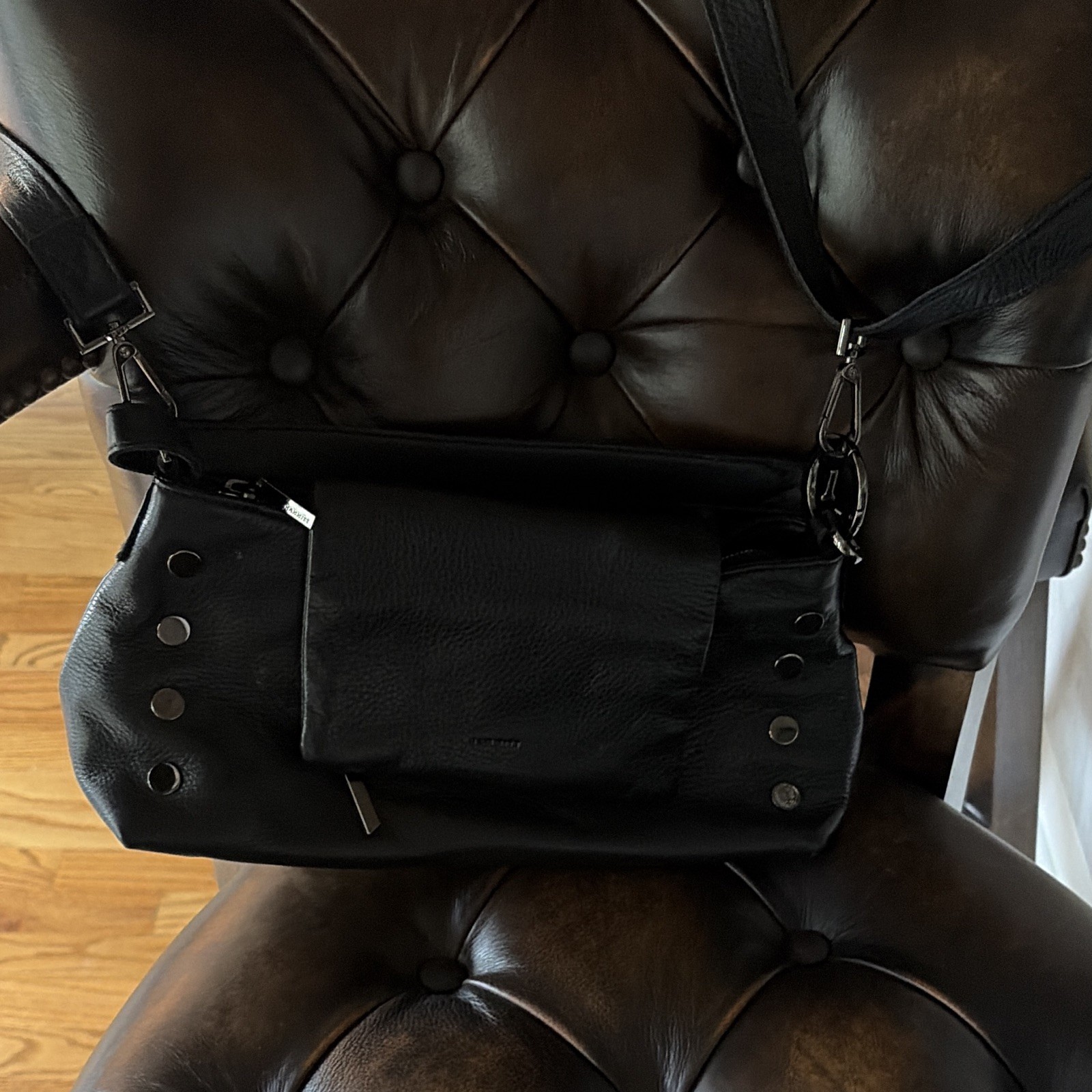 Black Pebbled Studded Zip Top Crossbody Bag Detachable Strap Red Lined