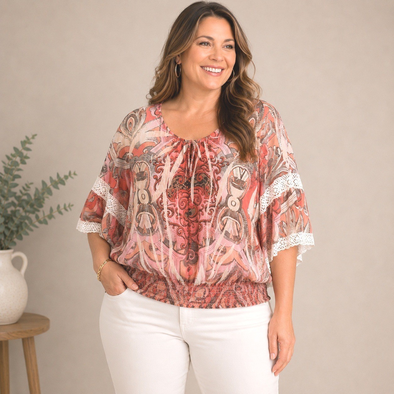 Cato Womens Plus 18/20 Coral Boho Peasant Top Crochet Lace Banded Hem Blouson