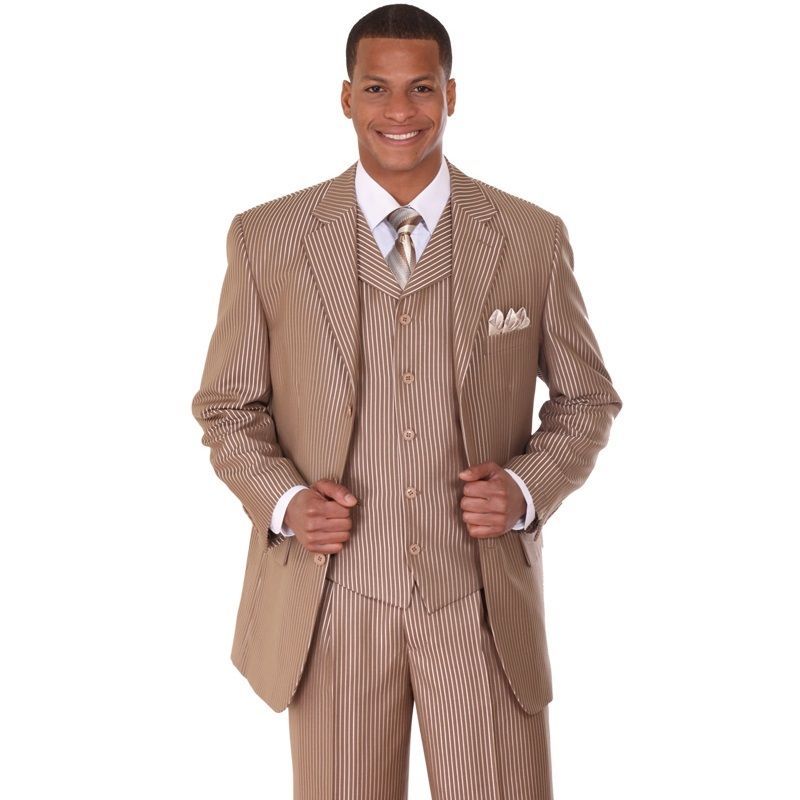 Men’s Three Button Pin-Striped Fashion Suit w/ Matching Vest 5802V5 Cream