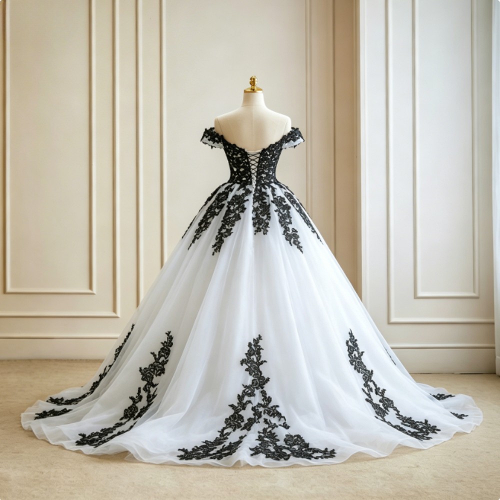 Black and White Wedding Dress Off Shoulder Lace A Line Lace Applique Bridal Gown