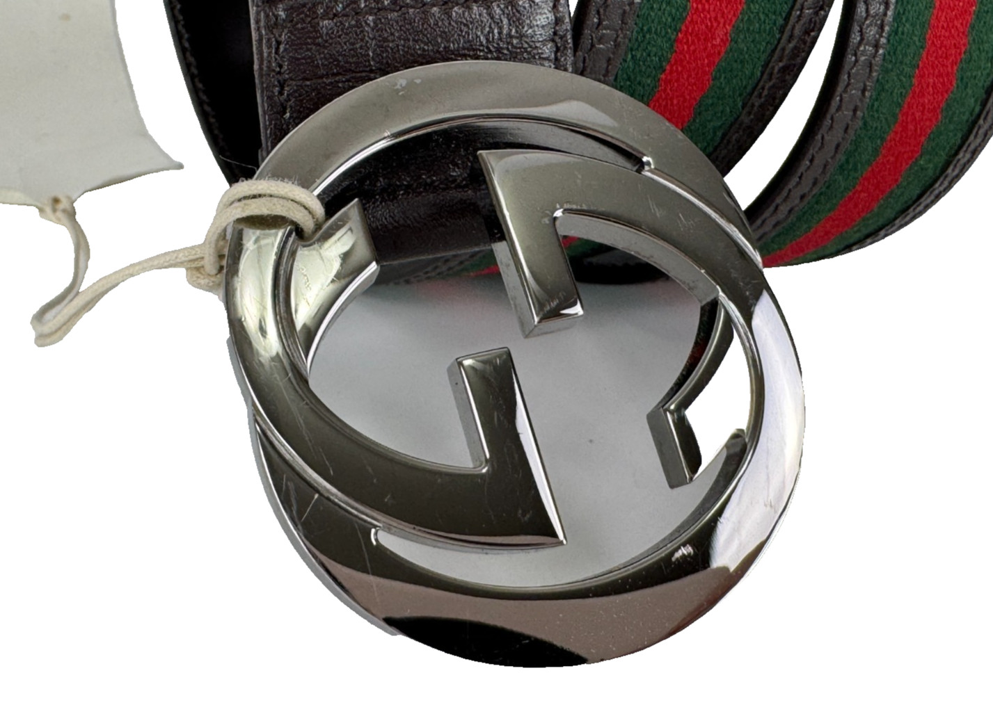 Gucci Auth Web Belt 80 cm 32 in Silver GG Red Green Fabric Brown Leather Runway