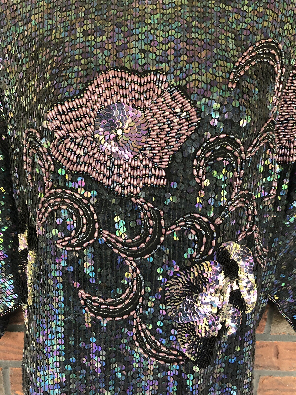 Iridescent Beaded Blouse XL 100% Silk Short Sleeve Top Shoulder Pad Lined Sequin