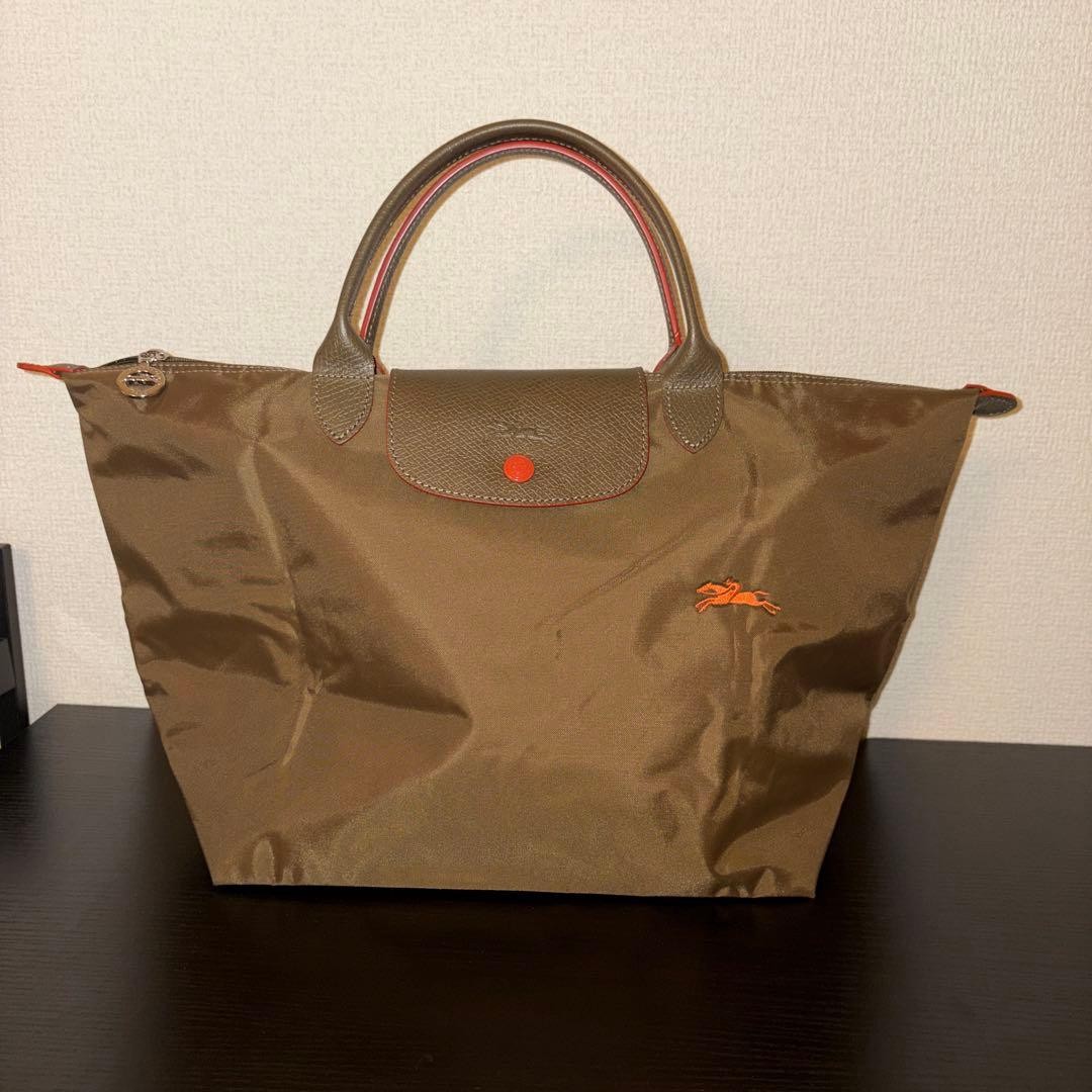 LONGCHAMP Tote Bag with Horse Embroidery Pliage Khaki L