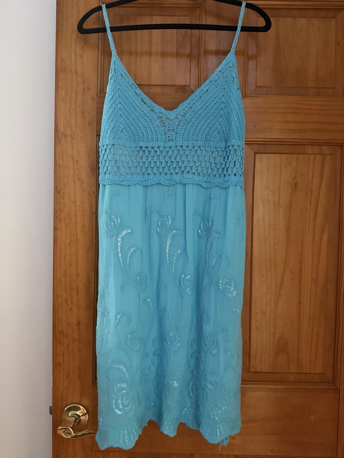 Crochet blue beaded fit and flare summer dress size M/L In great condition