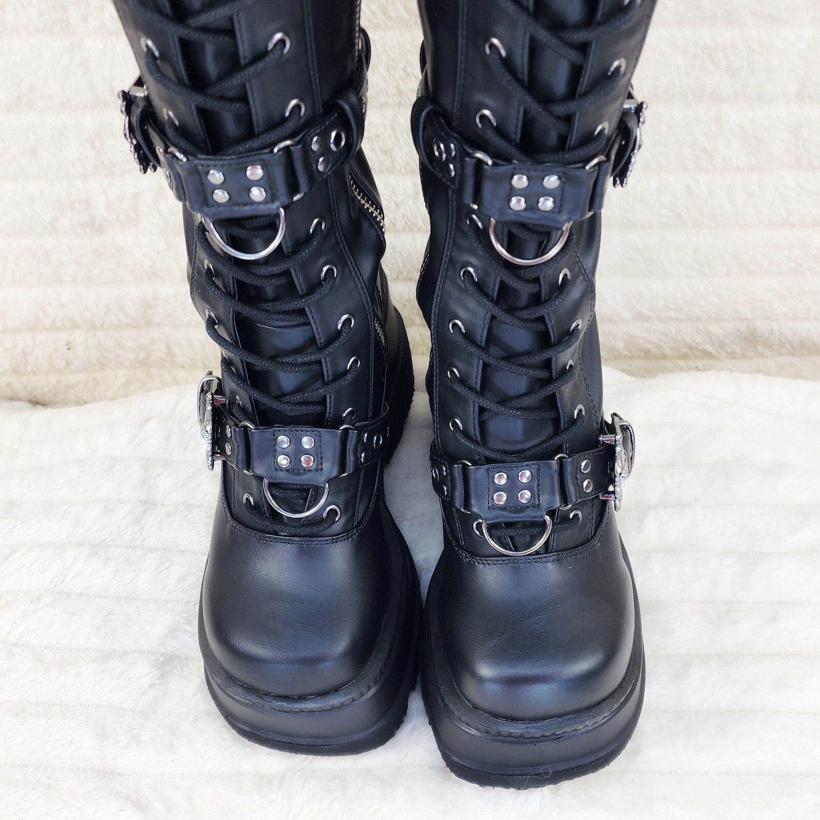 Shaker 420 Black sTRETCH 4.5″ Wedge Heel OTK Thigh Boots Skulls Zippers NY DEMON
