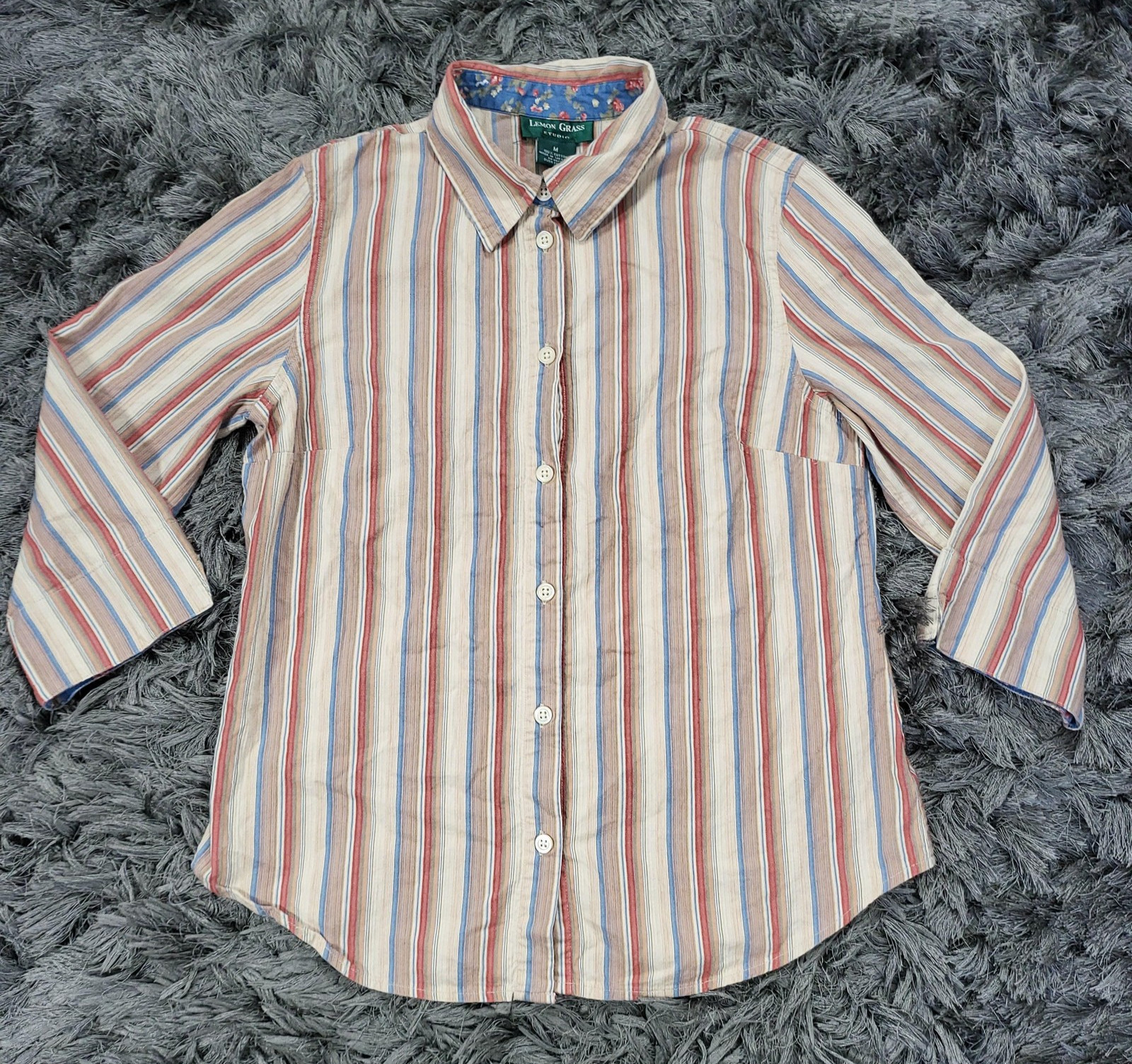 Lemon Grass Studio Shirt Womens Medium Beige Striped Button Up 3/4 Sleeve Cotton