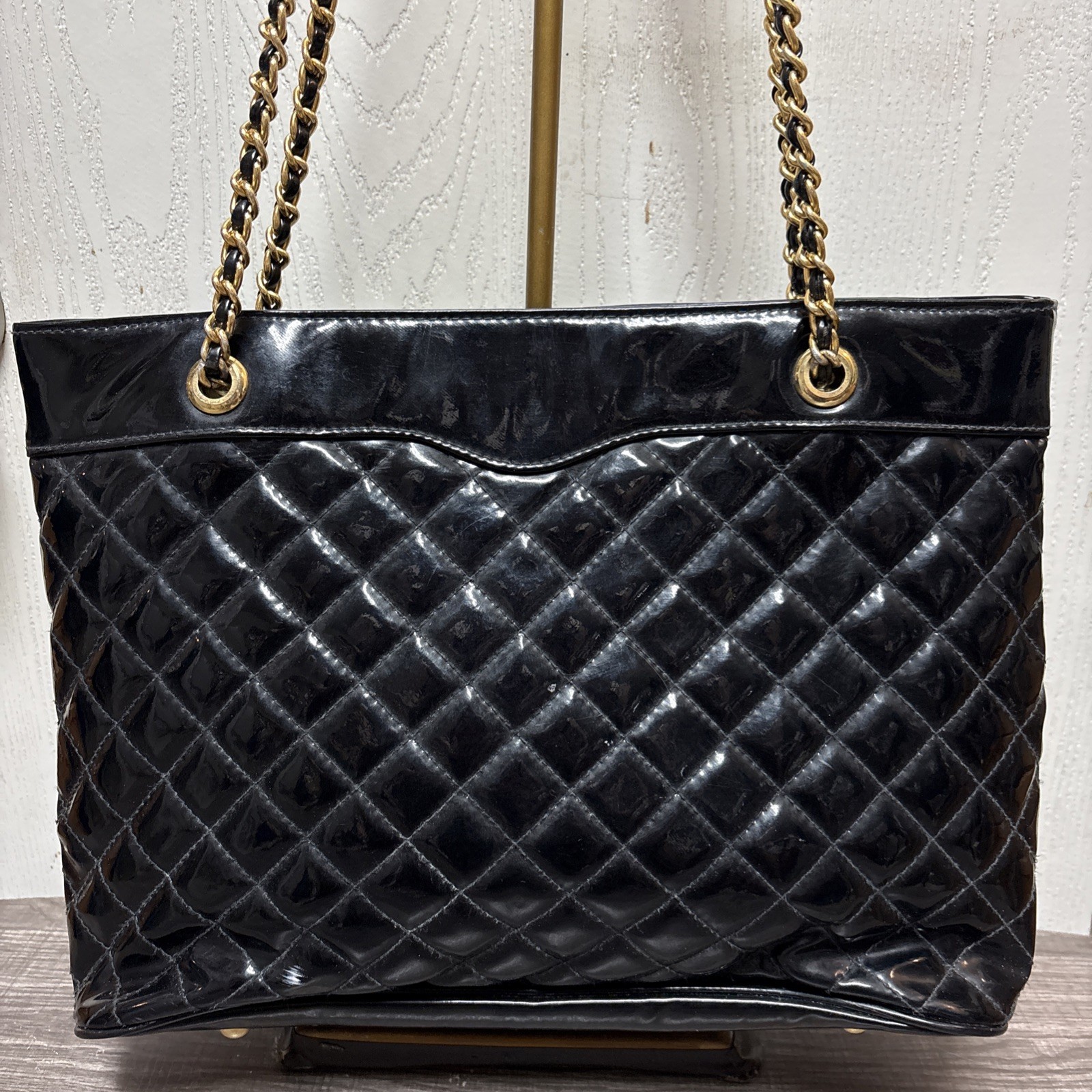 Vintage Y2K Black Quilted Patent Leather Handbag W/ Gold Chain Link Straps LUXE