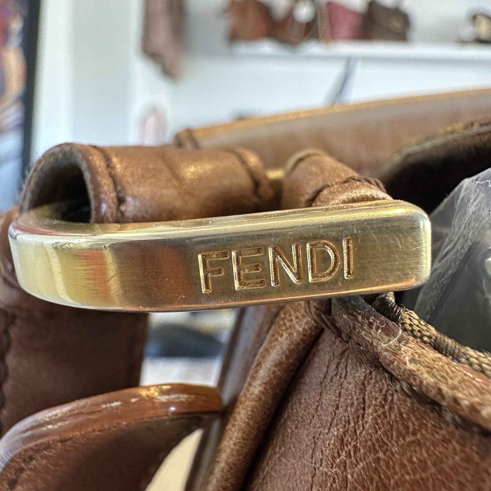 Fendi FF Vintage Brown Tan Leather Medium Anna Shoulder Bag