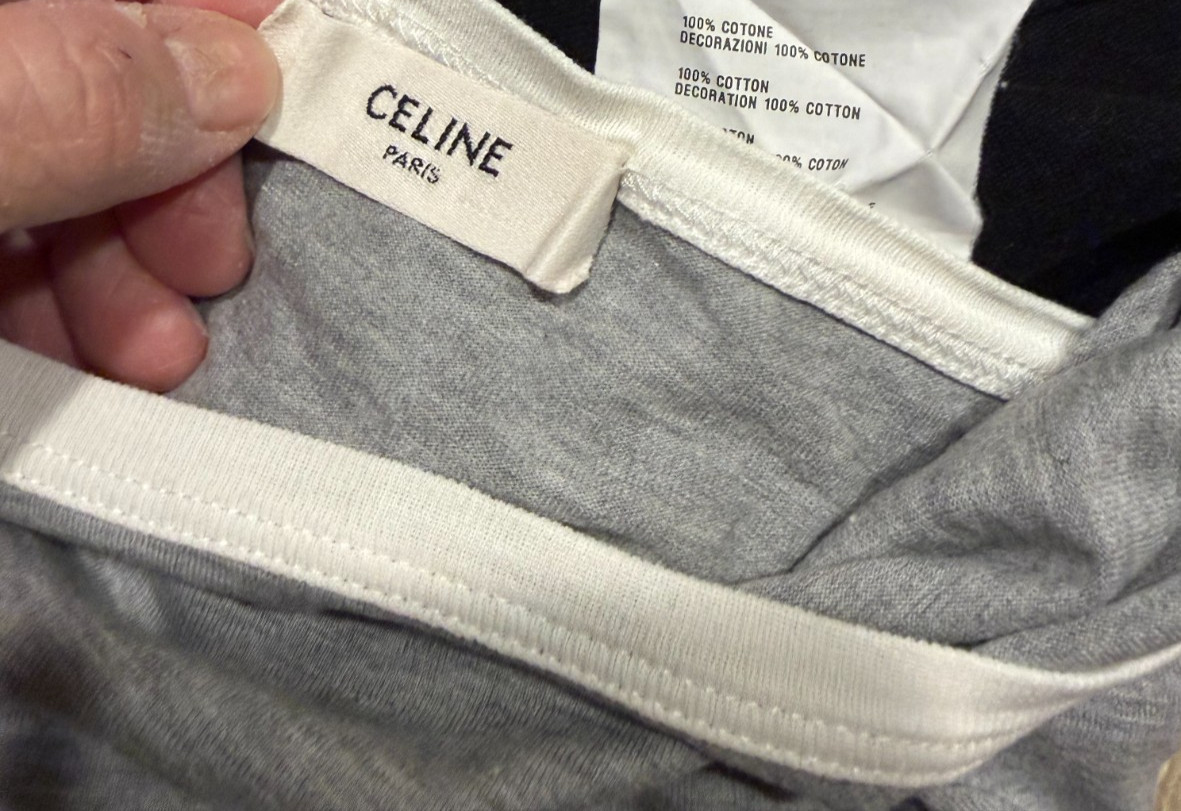 CELINE 16 PARIS 100% COTTON SUPER SOFT LADIES SMALL GRAY WHITE TRIM