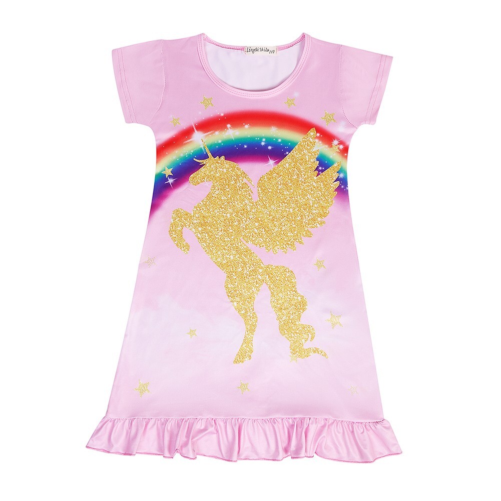Toddler Girls Rainbow Nightshirt Nightie Princess Dresses Unicorn Printed Party