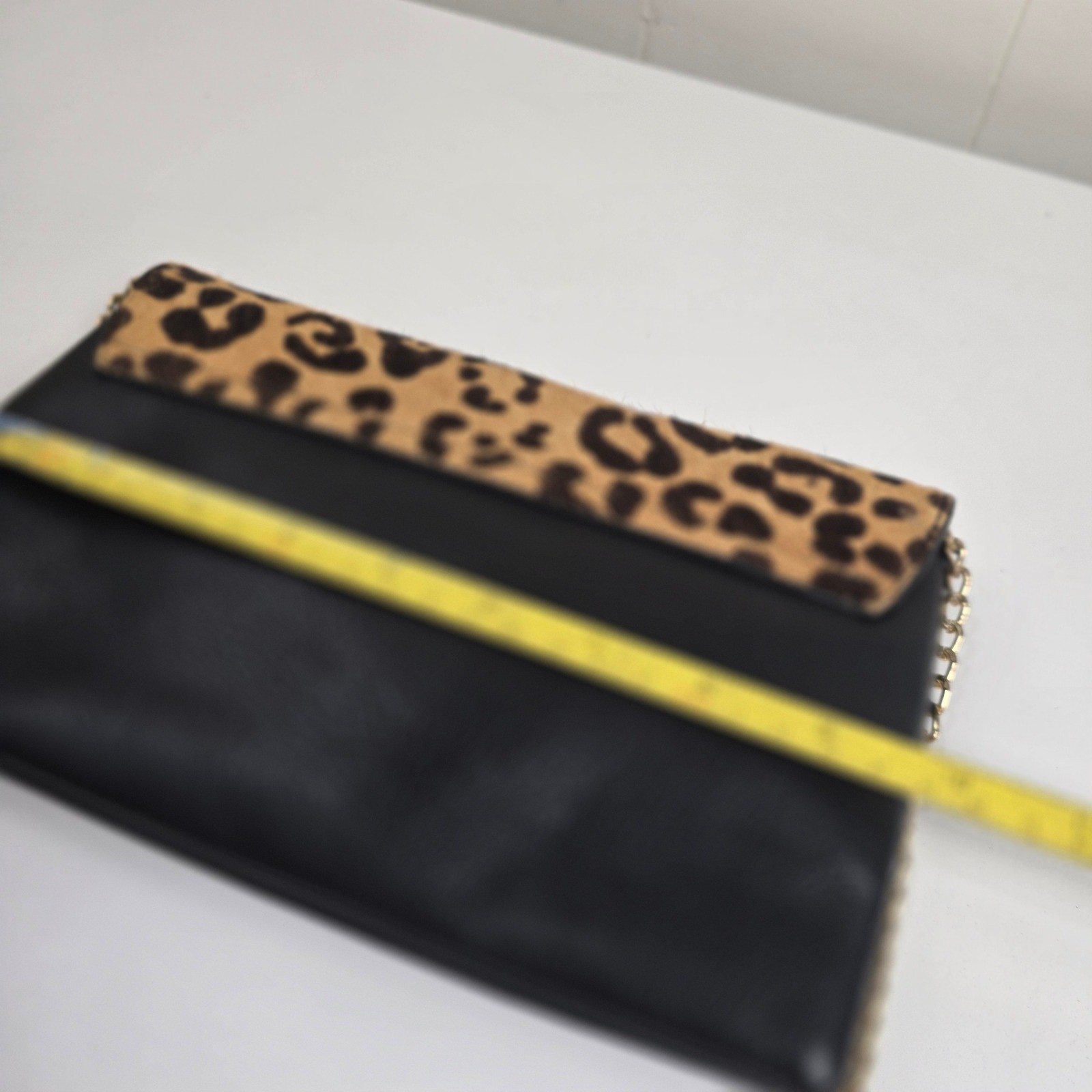 Madison West Calf Hair Leopard Print Crossbody Clutch Bag Black Vegan Leather