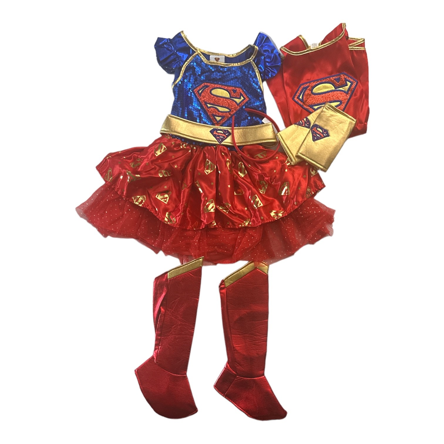 DC Super Girl Girl’s Dress, Shoe Covers, Wrist Cuffs & Headband Costume Set
