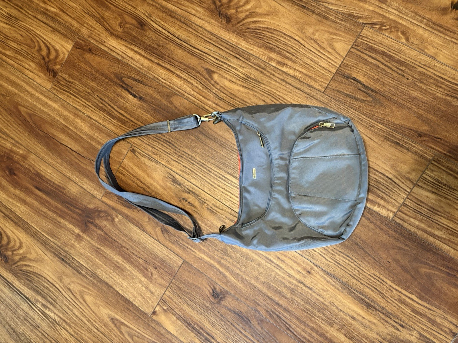 Travelon Gray Solid Shoulder Bag Zip Closure Orange Lining Adjustable Strap