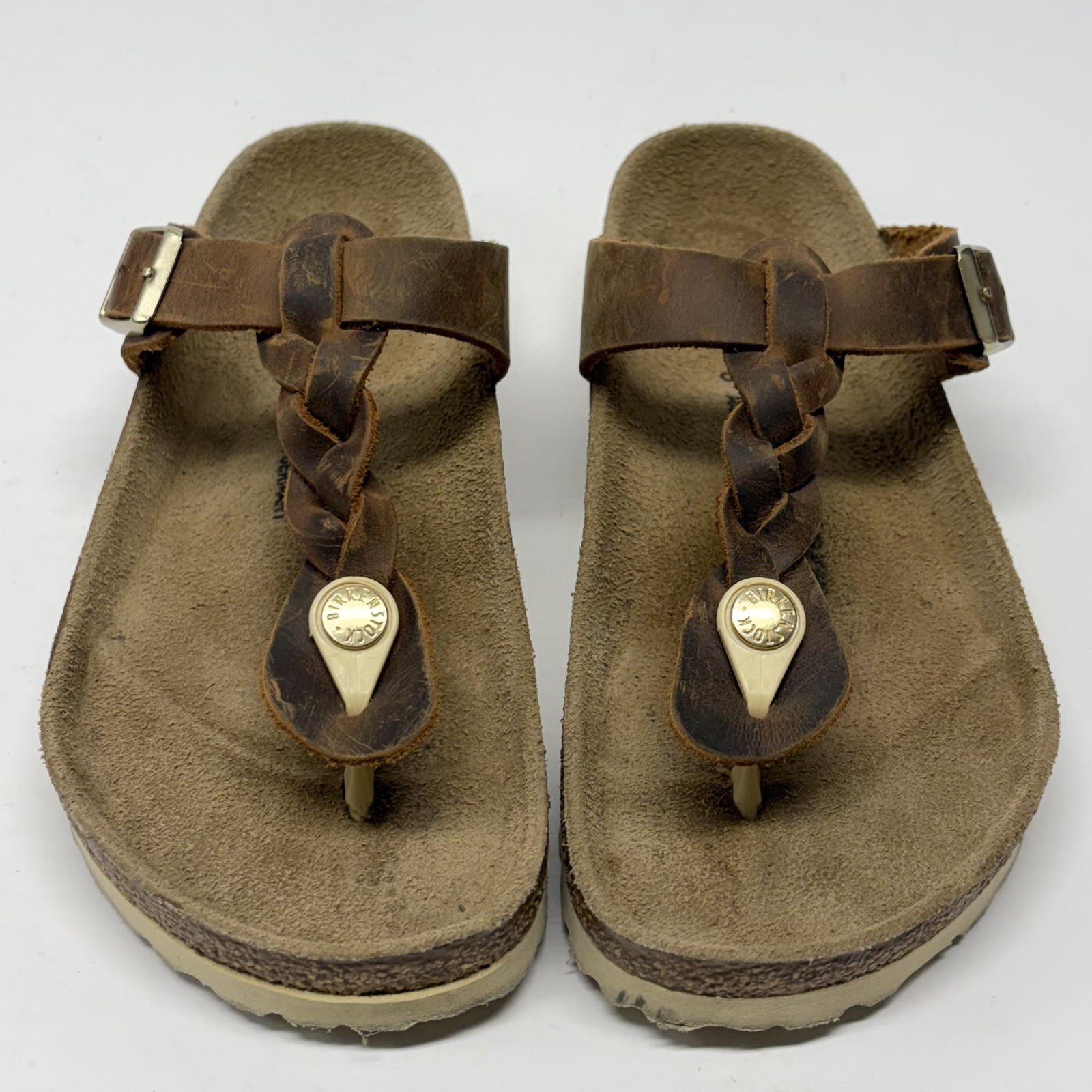 Birkenstock Gizeh Braided Women Sz 36 L5 Reg Brown Oiled Leather Thong Sandals