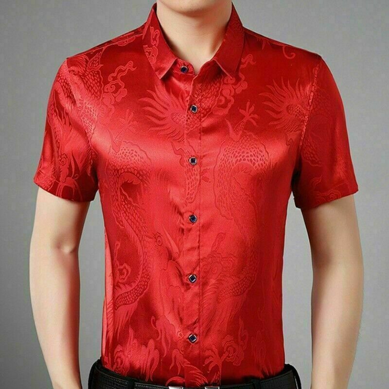 Men Faux Silk Blouse Satin Shirt Dragon Business Formal Short Sleeve Tops Casual