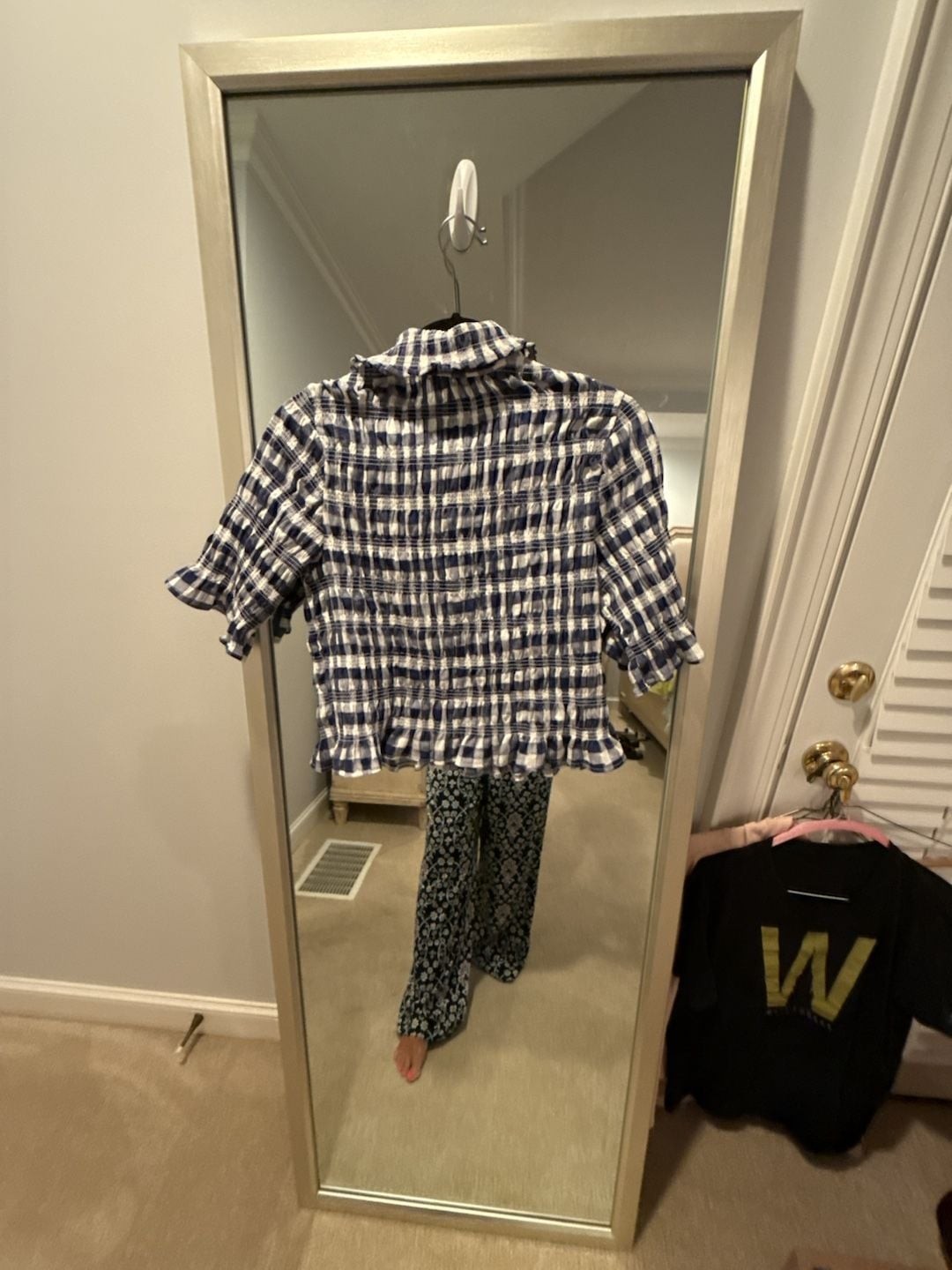Maeve Blue Gingham Smocked Ruffle Button-Front Short Sleeve Top