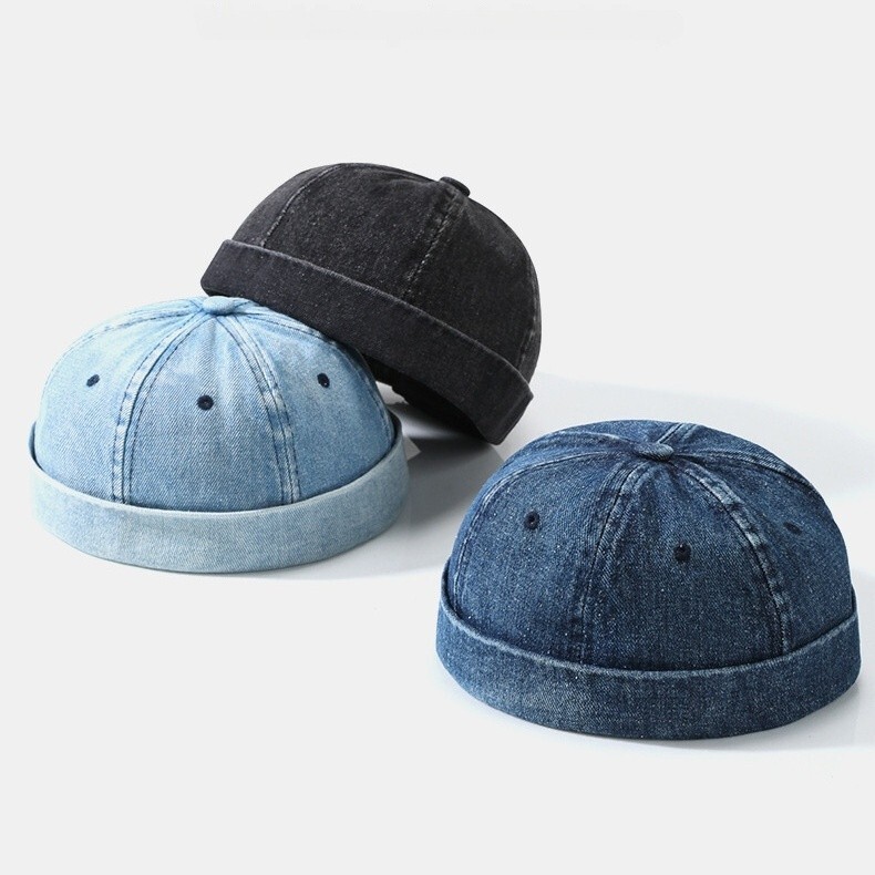 Men Denim Retro Brimless Hat Skull cap Sailor Cap Beanie Rolled Cuff Adjustable